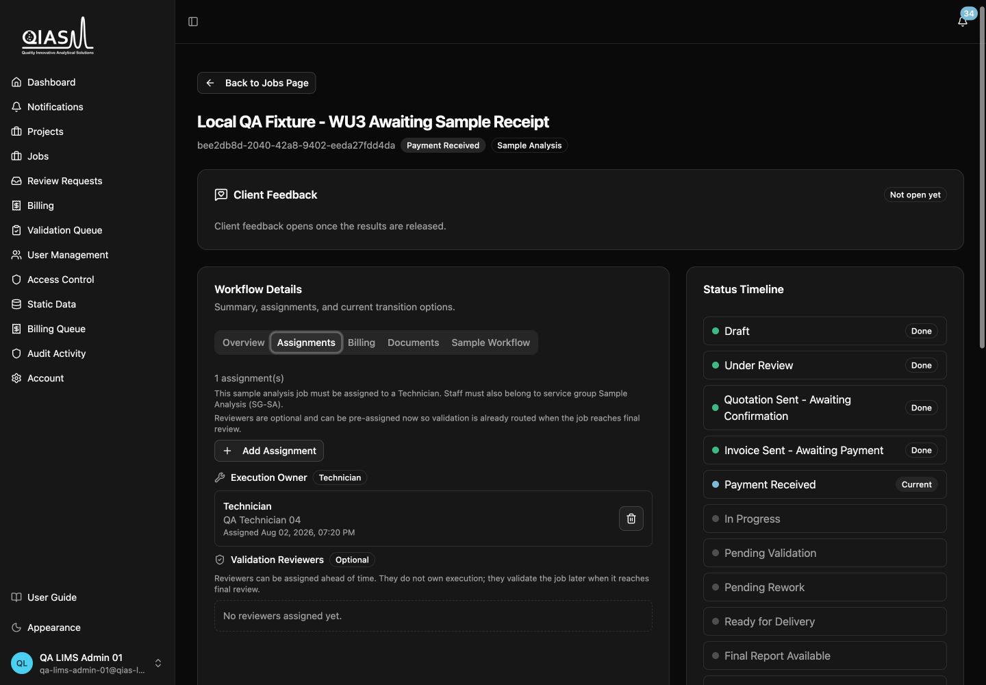 Administrator job Assignments tab showing one assigned technician as execution owner and an optional validation-reviewer section