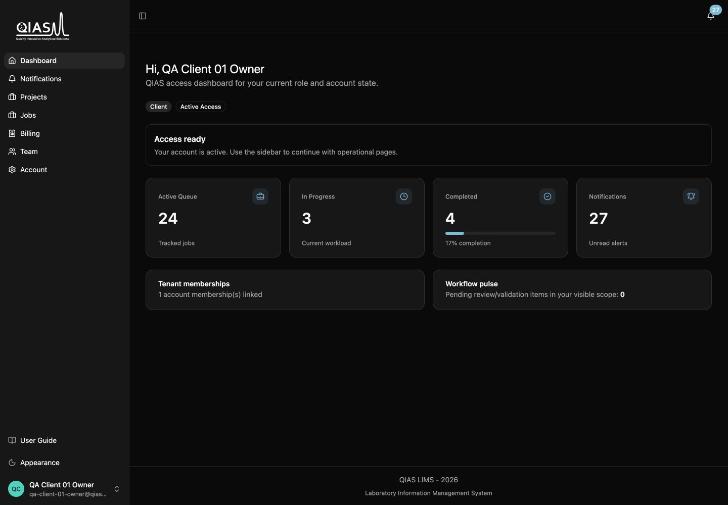 Client dashboard showing operational summary cards and account workspace