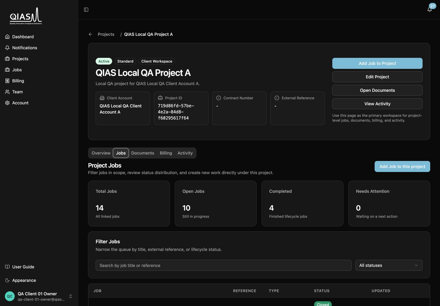 Client project Jobs tab showing job types, client-facing statuses, and final-results indicators