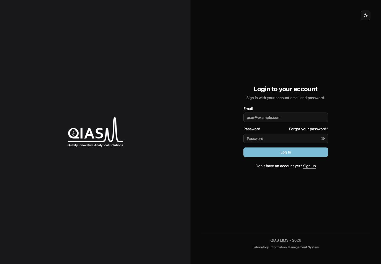 QIAS LIMS sign-in page with email and password fields